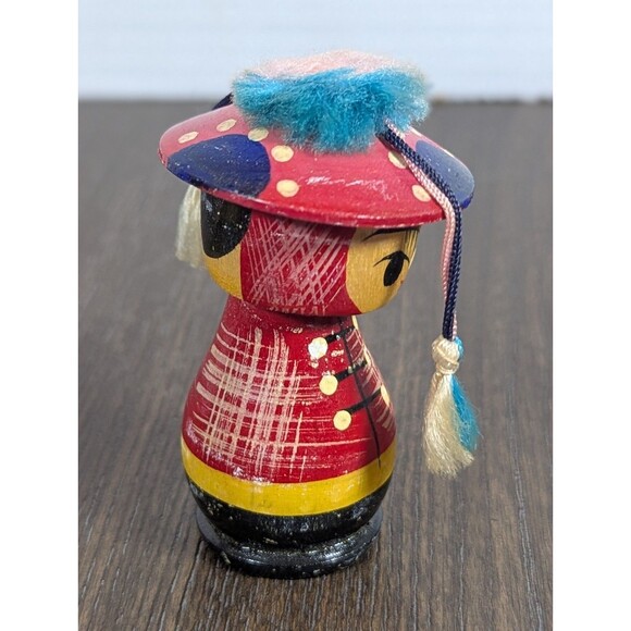 VTG Japanese Kokeshi Bobble Head Wooden Dolls Figures Red Blue 3 Inches Set Of 2 - Picture 7 of 10